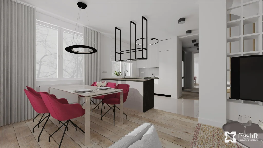 Nowoczesna jadalnia w inwestycji Domy w Mnikowie – jasne wnętrze z drewnianą podłogą, białą kuchnią i designerskimi lampami.