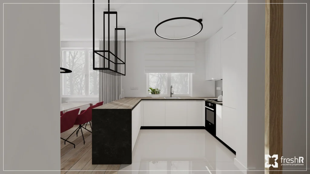 Biała kuchnia z wyspą i widokiem na jadalnię – wizualizacja wnętrza domu w inwestycji Domy w Mnikowie.