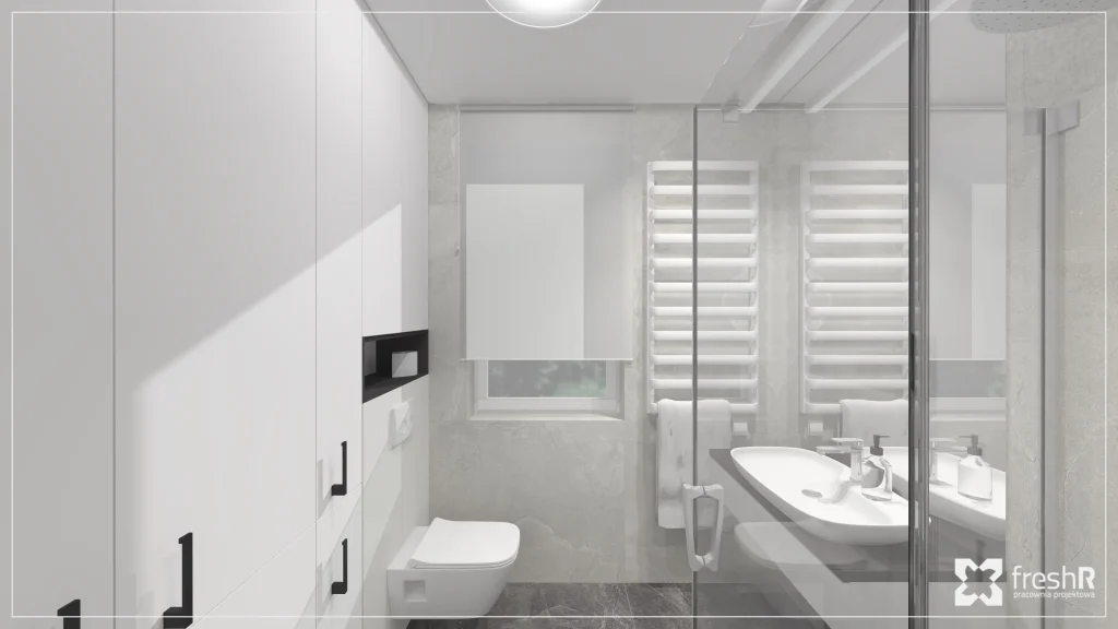 Nowoczesna łazienka w inwestycji Domy w Mnikowie – minimalistyczne jasne wykończenie z zabudową i prysznicem.