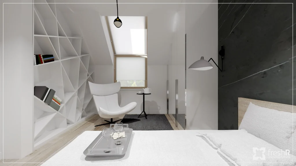 Przytulna sypialnia w inwestycji Domy w Mnikowie – designerski regał, fotel i naturalne jasne wykończenia.