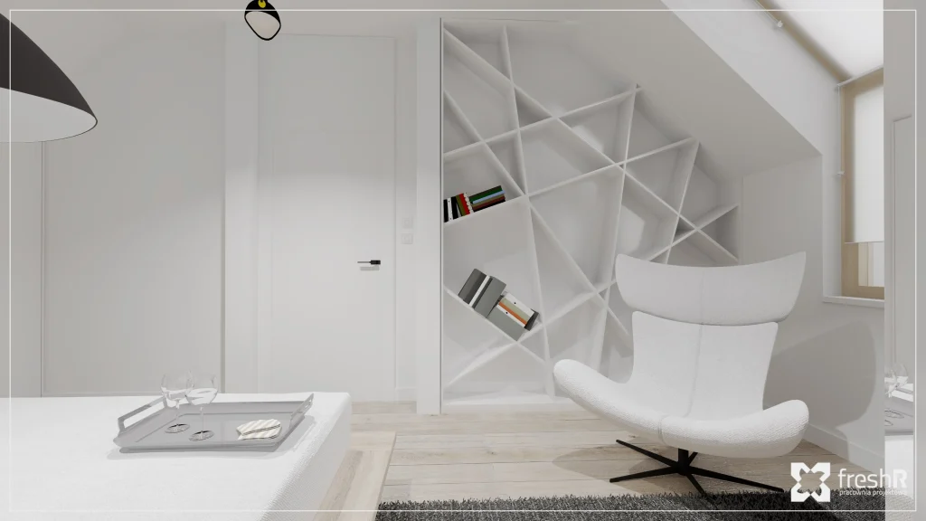 Nowoczesna sypialnia na poddaszu w Domach w Mnikowie – zabudowany regał i jasne minimalistyczne wykończenie.