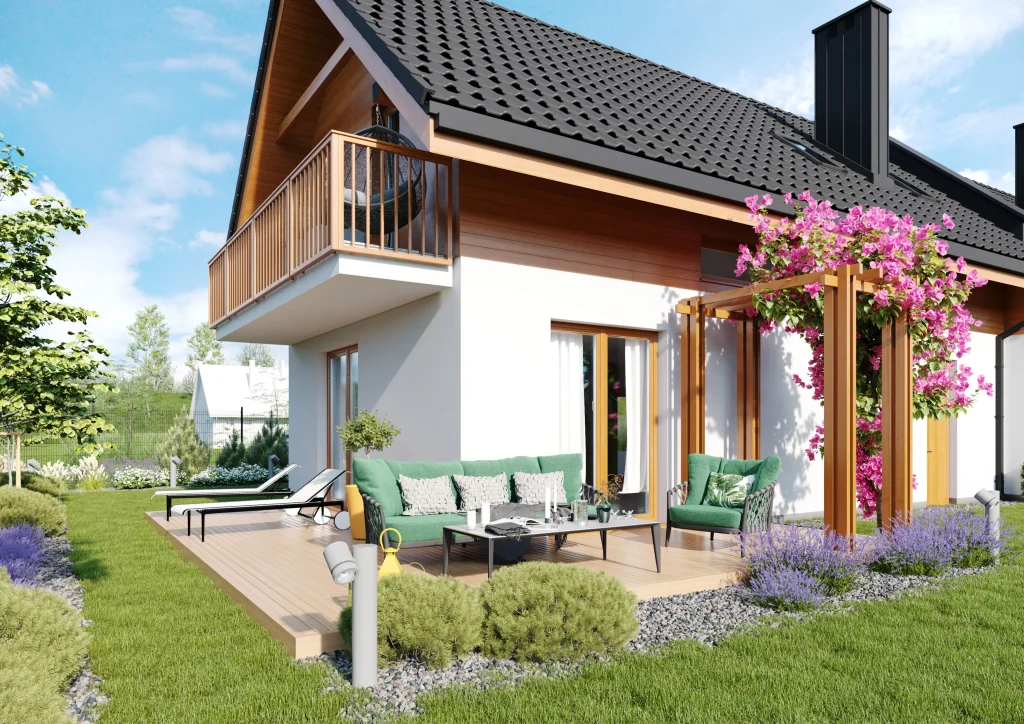 Taras i ogród domu w inwestycji Domy w Mnikowie – pergola z roślinnością i strefą wypoczynkową.