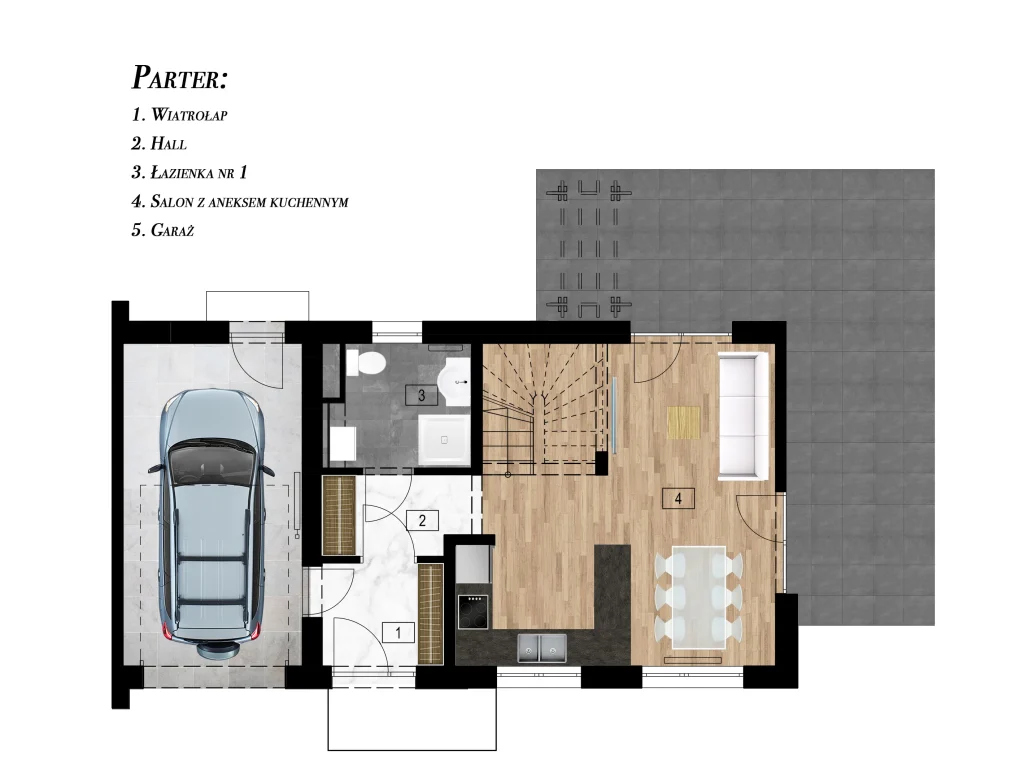 Rzut parteru domu – układ pomieszczeń: wiatrołap, hall, łazienka, salon z aneksem kuchennym oraz garaż