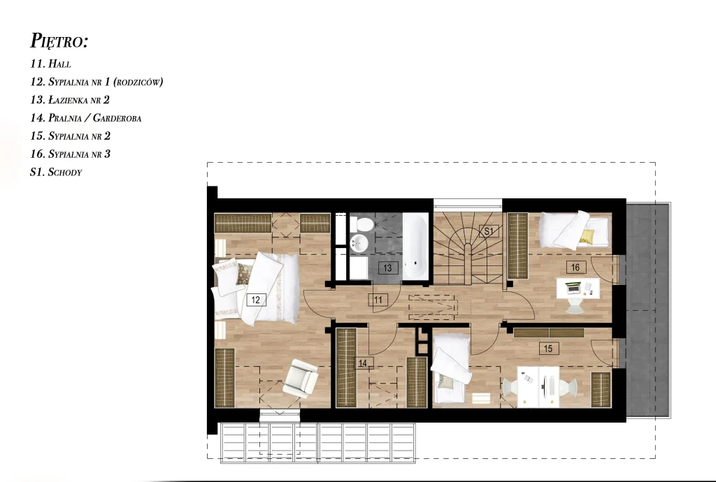 Rzut piętra domu – układ sypialni, łazienki, pralni i garderoby w nowoczesnym układzie funkcjonalnym