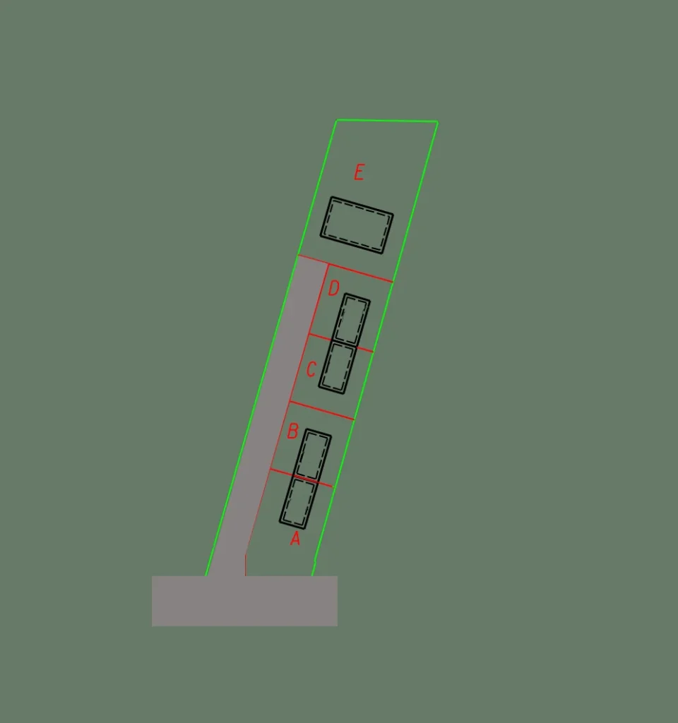 Plan zagospodarowania terenu – rozmieszczenie działek A, B, C, D i E z lokalizacją budynków